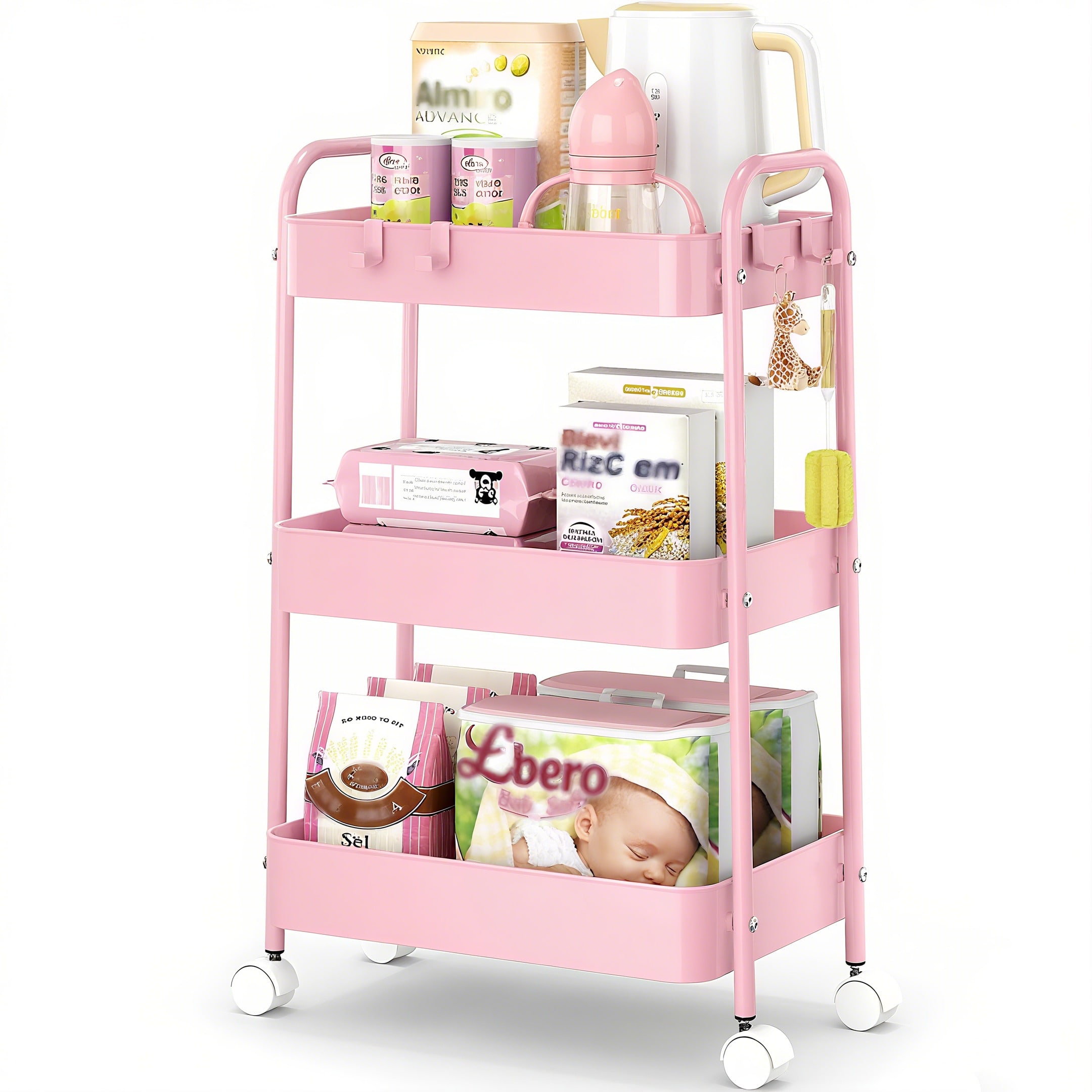 Baby Nursery Storage - عربة تخزين معدنية بثلاث طبقات مع
