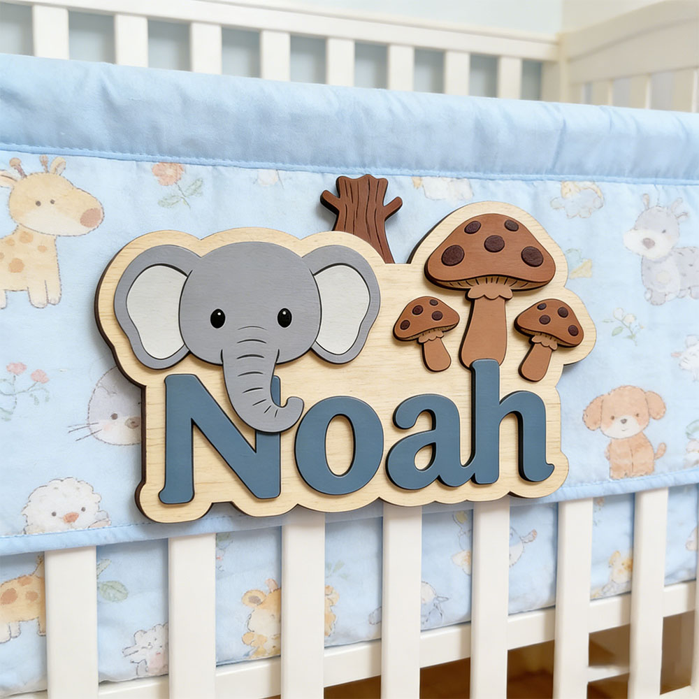 Baby Nursery Forest Theme - لوحة اسم خشبية مخصصة بتصميم فيل