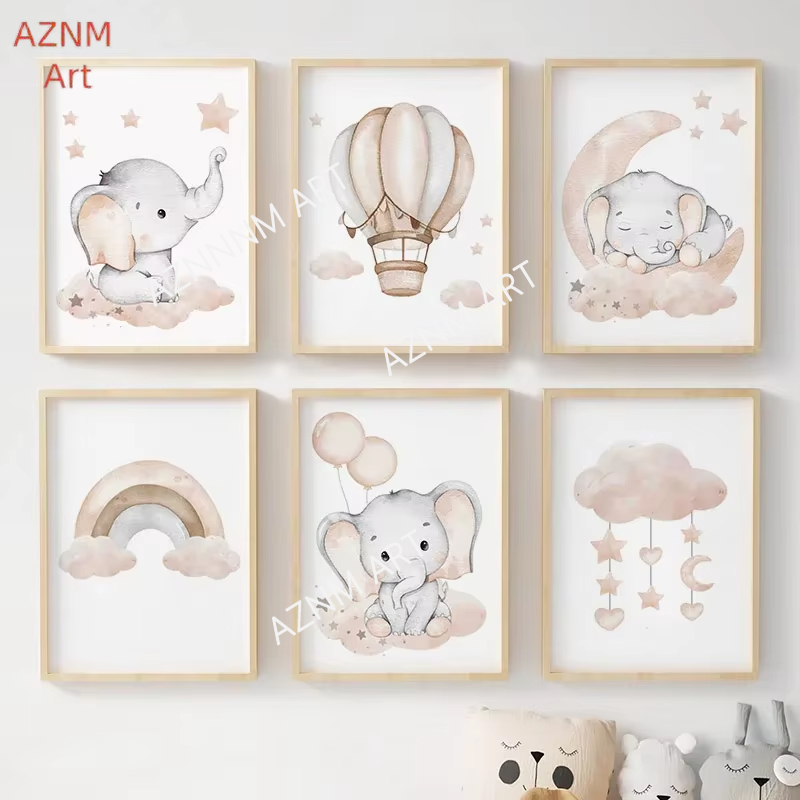 Baby Nursery Prints - ملصقات جدارية للأطفال بتصميم الفيل والبالونات