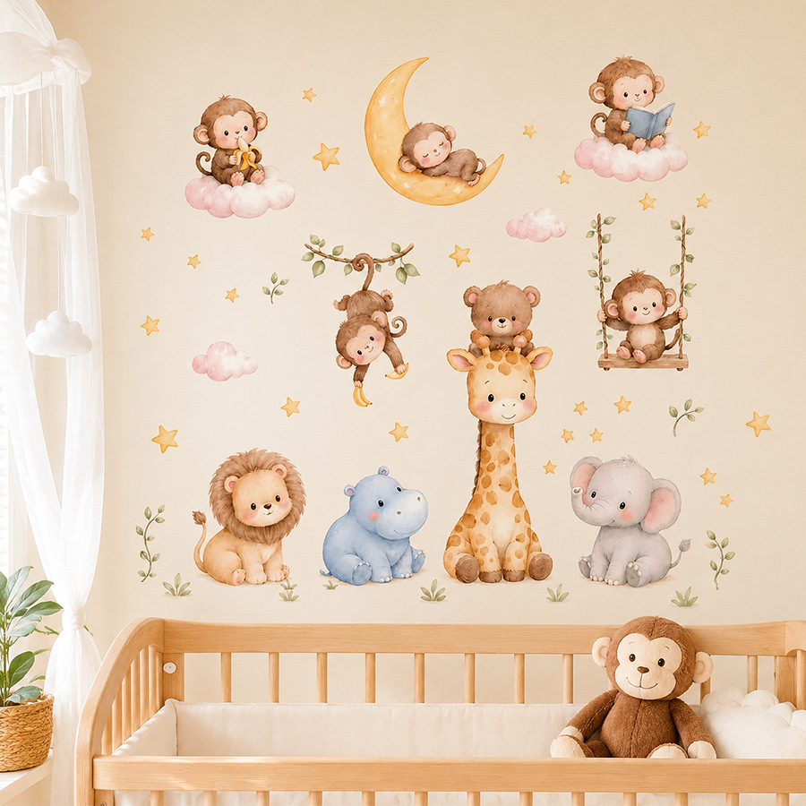 Baby Nursery Jungle Wallpaper - ملصقات جدارية لحيوانات الغابة للأطفال والصبيان