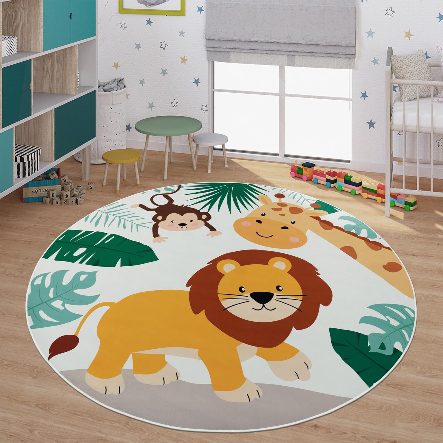Baby Nursery Jungle Theme - سجادة لعب ناعمة مستديرة للأطفال بطبعة