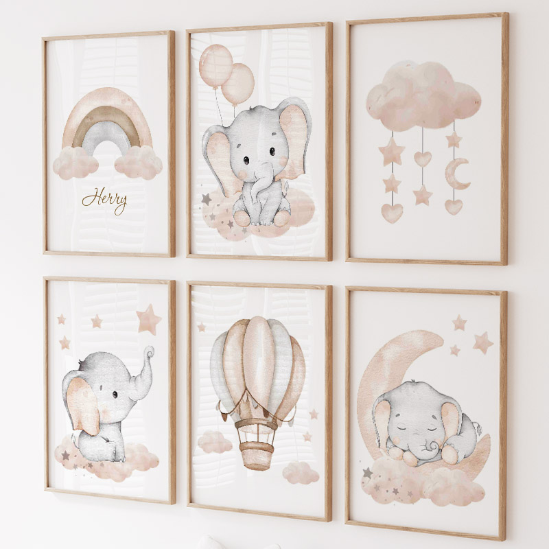 Baby Nursery Prints - لطيف الفيل الساخن بالون القمر قوس