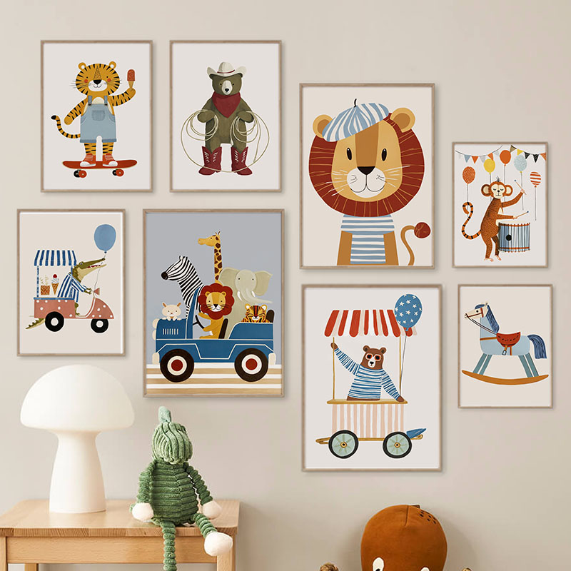 Baby Nursery Prints - لوحات فنية كرتونية مضحكة لحيوانات وسيارات